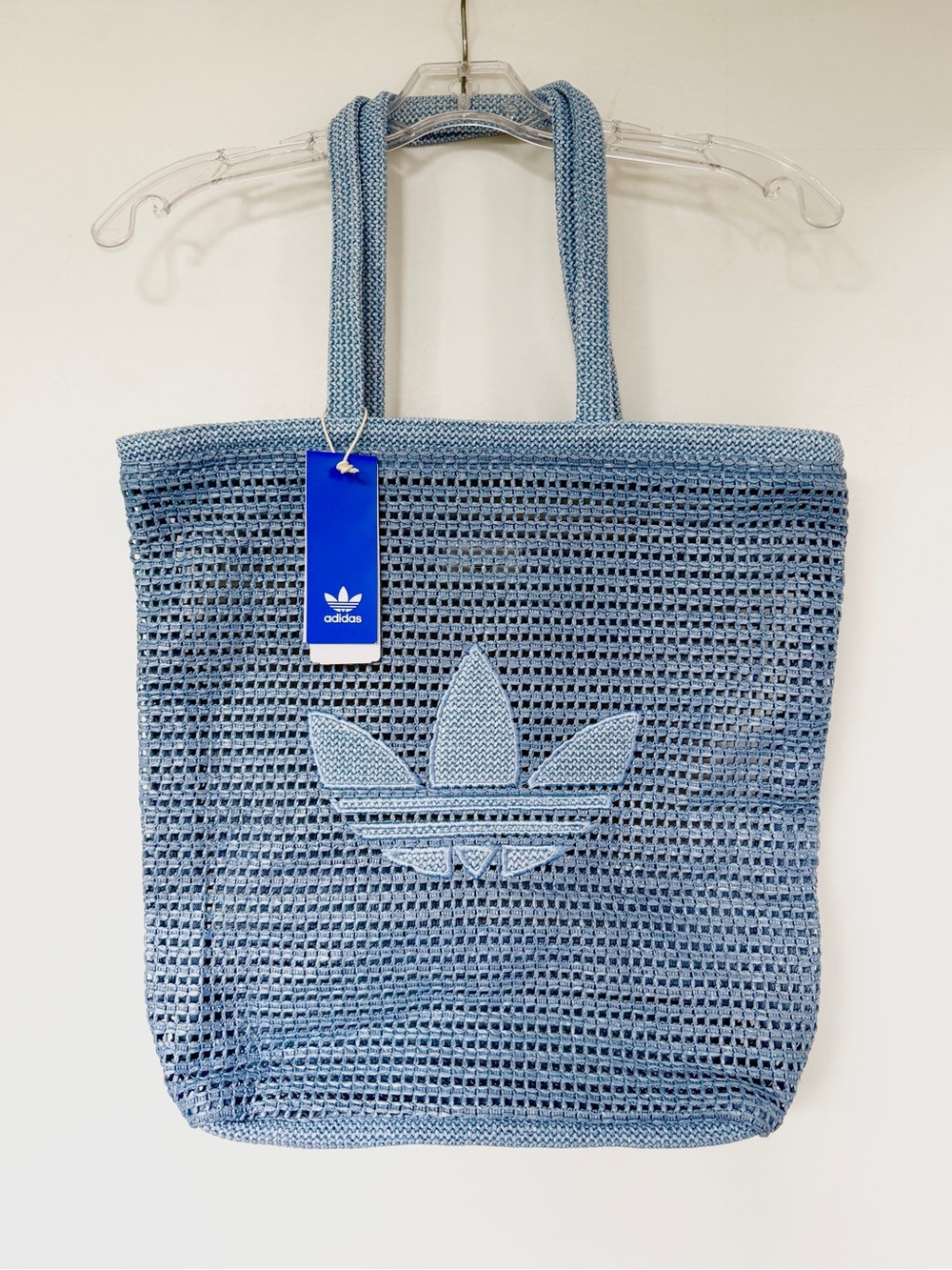 Adidas sky blue perforated mesh crochet beach tote bag